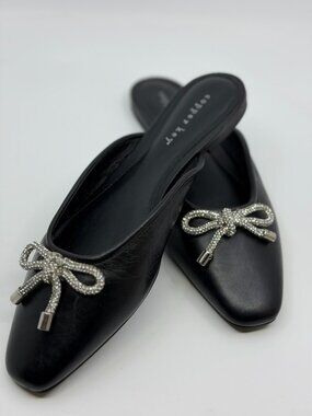 Copper Key Women’s 9M Black Leather Mule Flats Rhinestone Bow Square Toe Brazil